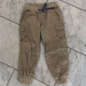 L.L. Bean kids cargo pants, size 5-6, tan with purple stitching and waist tie